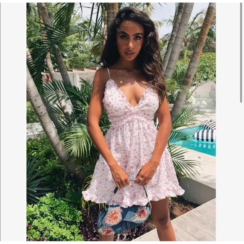 NWT Tiger Mist Claudette Pink Floral Ruffle Mini Dress Sz L Coquette Soft Girl - Picture 3 of 16